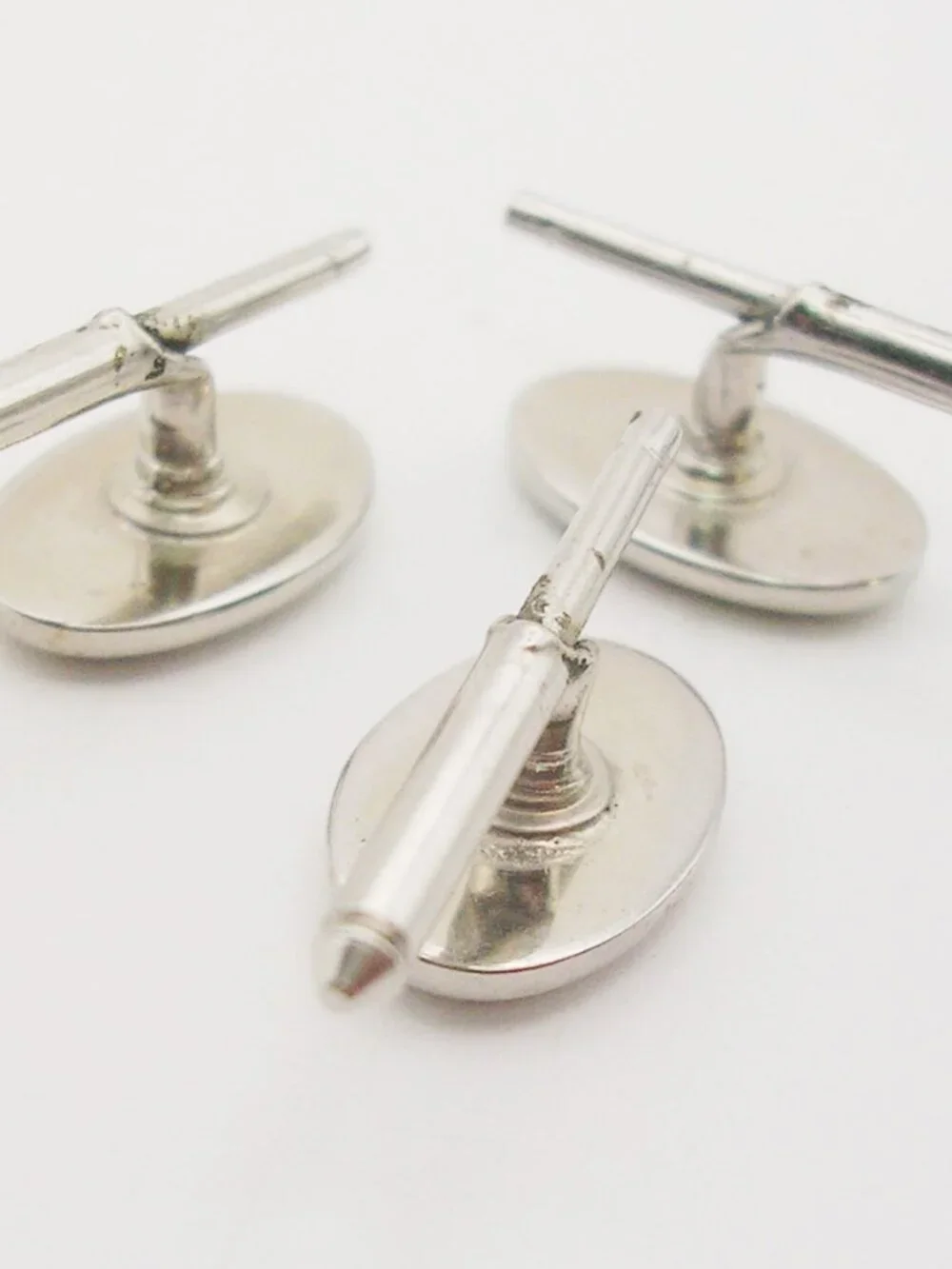 Vintage Tuxedo Studs Waistcoat Buttons Set of 3 oval silver tone Spring shanks